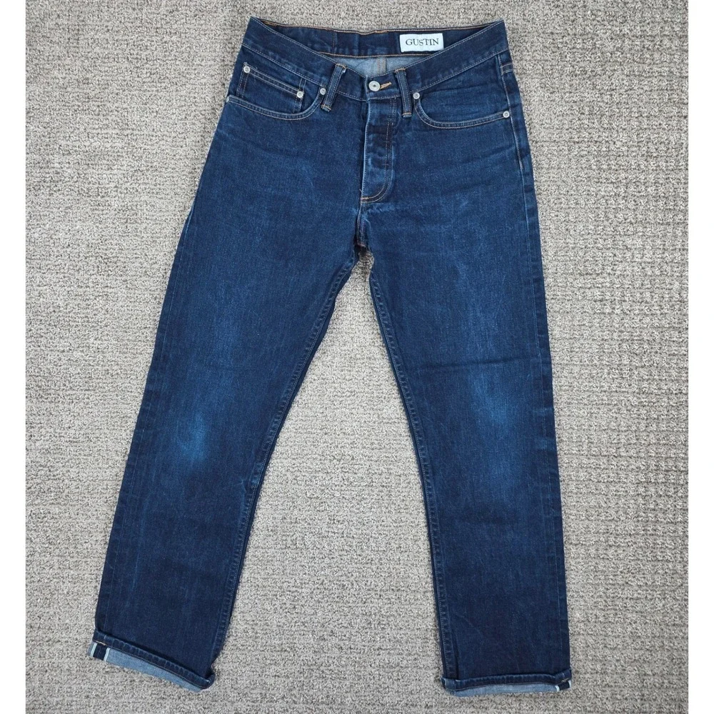 Gustin Mens Cone Mills Selvedge Denim Jeans Dark Indigo Blue 12.5oz Button Fly - Picture 2 of 15